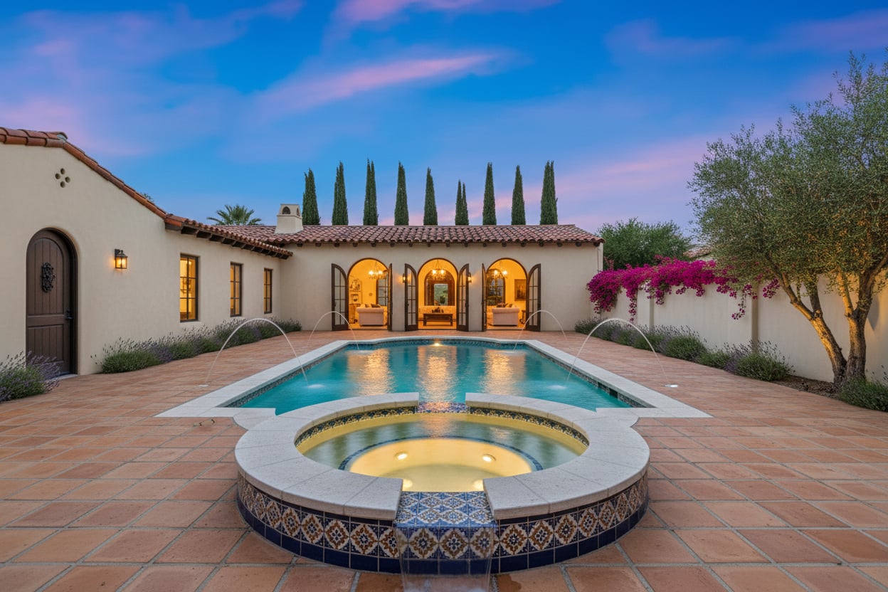 1925 Spanish Colonial Revival hacienda, Mediterranean editorial